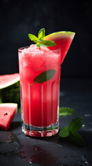 A refreshing glass of watermelon and mint lemonade that mix flavors in perfect harmony. A delicious watermelon drink with mint and lemon on a fresh note.