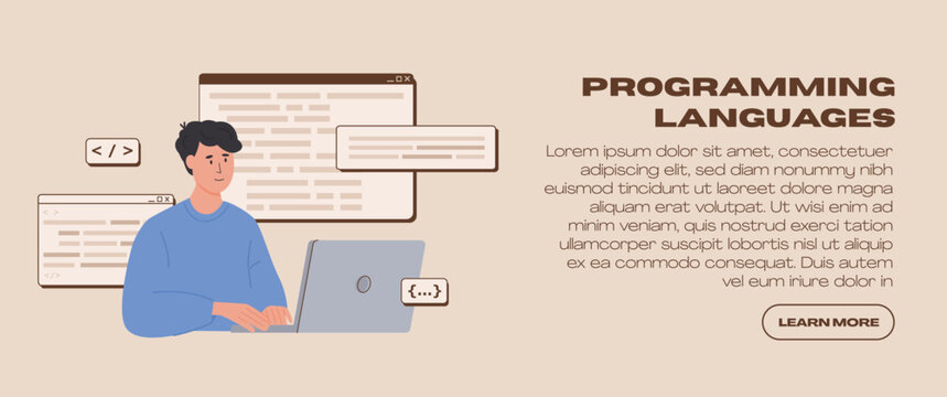 Software engineering and script coding web banner template. Programmer working on web development in php, python, javascript on virtual computer screen. Website developer. Vector isolated illustration