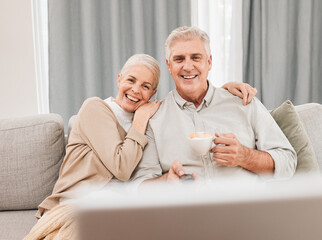Old people, home and watching tv with coffee and happiness together in retirement with comedy and...