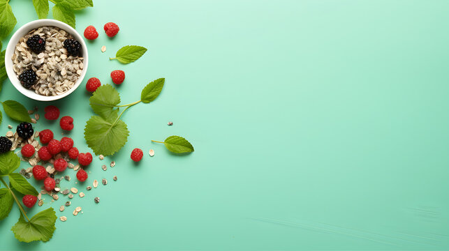 Top view of a healthy breakfast spread on a vibrant green background. Plenty of space for text or design, ideal for promoting nutritious morning meals or for recipe ideas