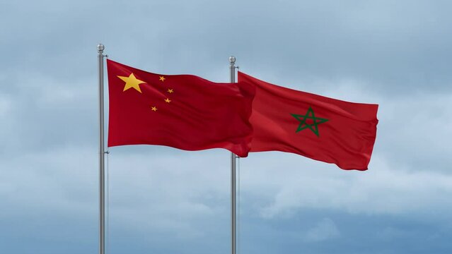 Morocco flag and China flag waving together on cloudy sky, endless seamless loop, two country relations concept