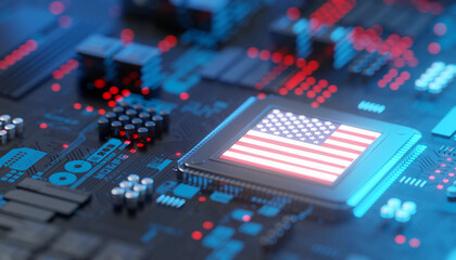America flag on Chipset for semiconductor industry, 3d rendering - obrazy, fototapety, plakaty