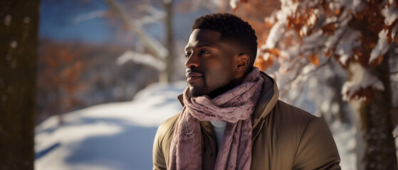 african american model with natural hair in a winter landscape - obrazy, fototapety, plakaty