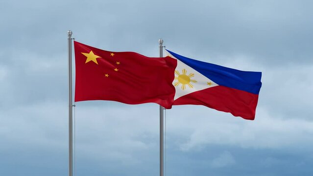 Philippines and China flag waving together on cloudy sky, endless seamless loop, two country cooperation concept