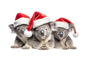 Three funny koalas in red Santa Claus hats isolated on white background. New year or christmas concept with wild zoo animals. Generative AI.