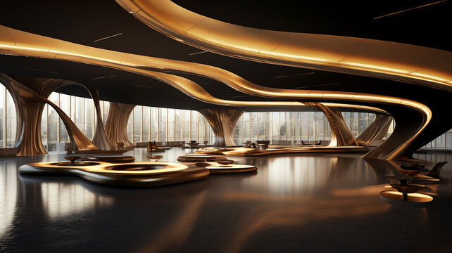 Decorative design of a luxury golden modern curve building