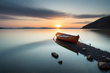 Fishing boat on the lake at sunrise. Dramatic scene.