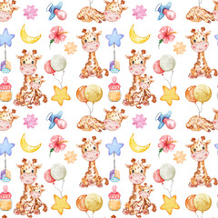 Safari Watercolor seamless pattern, Safari Nursery Decor, Cute Animals illustration, Watercolor illustration, Clipart For Kids.