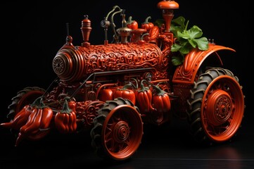 Imaginary whimsical tractor made of red chili peppers on black background.