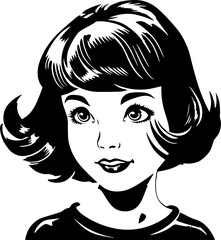 Vintage little girl 60s style, young girl, Retro girl head illustration