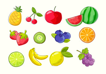Set of tropical fruit in hand draw style