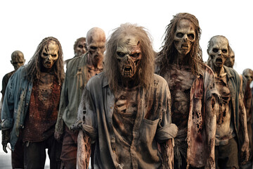 Naklejka premium Zombie apocalypse. crowd of zombies with ripped clothes isolated on transparent background, Halloween undead 