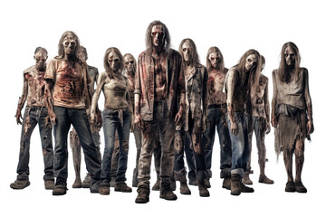 Zombie apocalypse. crowd of zombies with ripped clothes isolated on transparent background, Halloween undead 