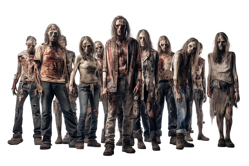 Zombie apocalypse. crowd of zombies with ripped clothes isolated on transparent background, Halloween undead 