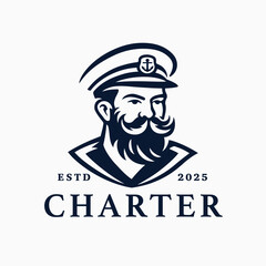 Boat charter captain logo. Mustache bearded sailor icon. Maritime skipper emblem. Vintage nautical seafarer symbol. Vector illustration.