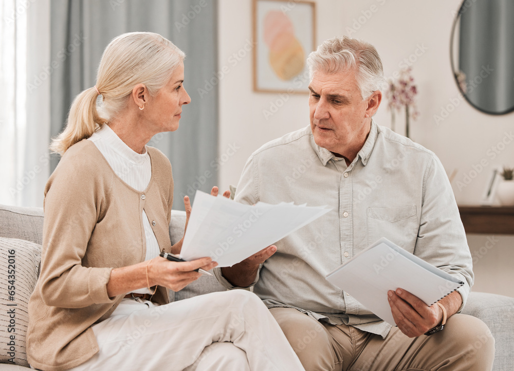 Poster Life insurance, old couple with documents and stress in home, mortgage payment and retirement funding crisis. Financial budget, senior man and woman on sofa with anxiety for bills, debt and taxes.