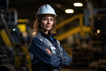 Portrait of a female engineer worker in the factory or distribution warehouse background with copy space.