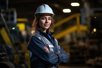 Fotobehang Portrait of a female engineer worker in the factory or distribution warehouse background with copy space. © Virtual Art Studio