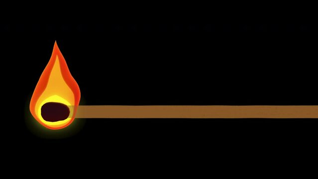 Burning match with fire on dark background. Wooden match with fire. Matches sign. 4K Video motion graphic animation.