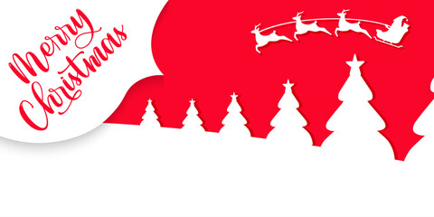 Merry Christmas background with Santa sleigh and reindeer in a flat design