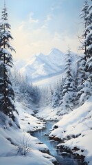 Fototapeta na wymiar Winter landscape in the mountains with snow. Winter wonderland. Vertical banner. Instagram story. 