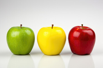 Colorful apple set red green and yellow fruit, three apples nature food isolated on white background AI generated