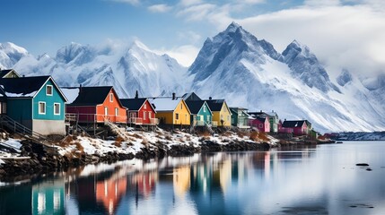 Fototapeta premium Colorful house, Beautiful lake, and mountain views. Reflected in the water of lake. with snow mountain as background, Generative Ai
