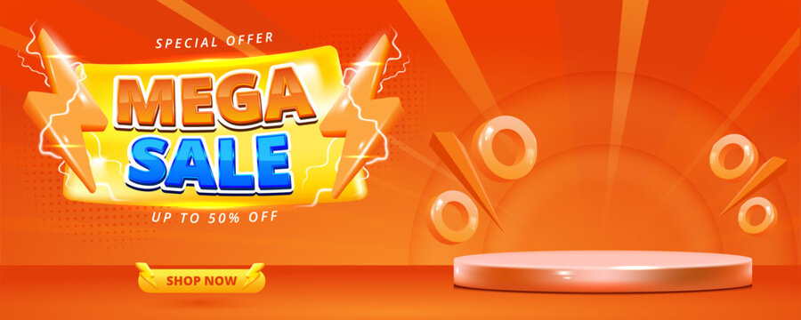 Sale Poster or banner template with blank product podium scene on orange background.Sales banner template design for social media and website.