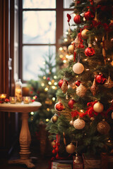 Vertical image of decorated Christmas tree in living room. Happy New Year.