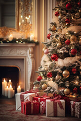 Vertical image of decorated Christmas tree in living room. Happy New Year.