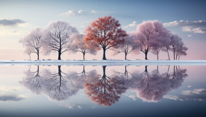 A serene winter scene with clean, minimalist trees and their reflections on a tranquil lake