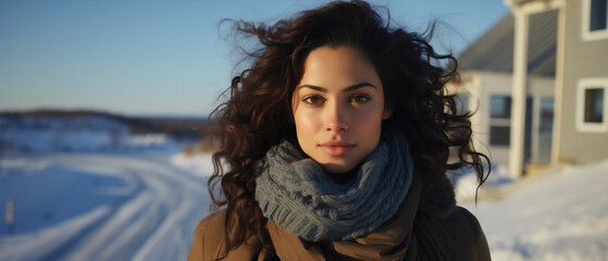 latina model with natural curls in a winter landscape - obrazy, fototapety, plakaty