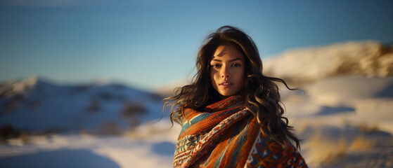 latina model with natural curls in a winter landscape