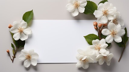 A white card surrounded by white flowers and green leaves. Photorealistic AI.