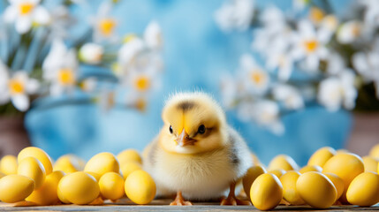 A cute little and lovely chick in an environment with yellow eggs and white flowers Generative AI Illustration - obrazy, fototapety, plakaty