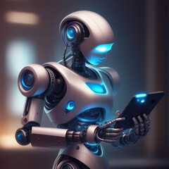 3d render of a robot holding a laptop