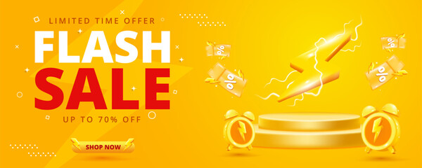 Flash Sale Shopping Poster or banner with Flash icon and 3D text on yellow background. Template design for social media with blank product podium scene.