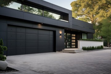 Modern Black Garage Entry Door. Realistic Estate Building Gate in a Sectional Front Design - obrazy, fototapety, plakaty