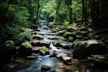 Siam Adventure: A Journey Through a Forest Stream Flowing Between Rocks in Rural Thailand. Enjoy the Outdoors on a Sunny Day