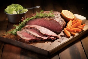 Spiced Corned Beef Brisket with Carrots. Perfect St. Patrick's Day Ingredient for Rich, Favorful Meal - obrazy, fototapety, plakaty