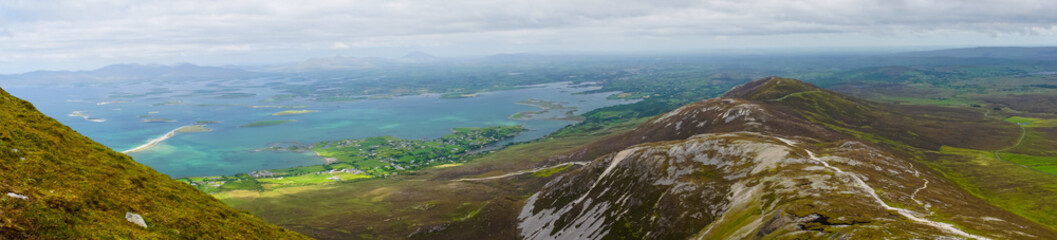 Panoramic view from Croagh Patrick with severe weather, county Mayo, Ireland