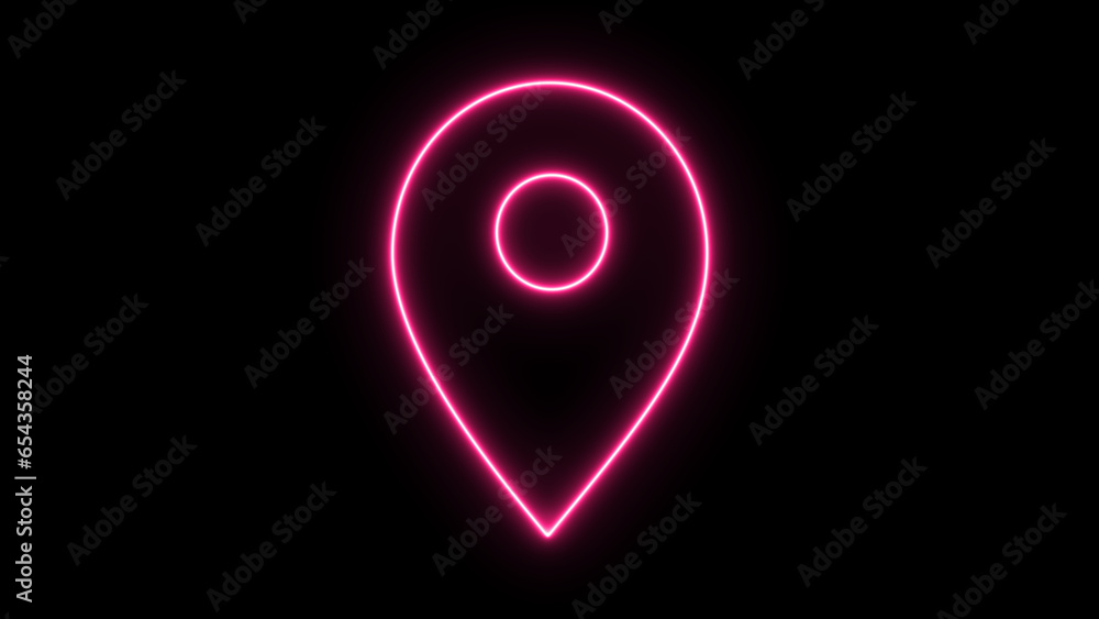 Fototapete neon map pin icon. glowing neon sign, outline pointer pictogram. a neon gps status on a black backgr