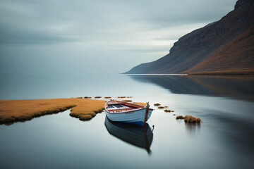 Fishing boat on the lake at sunrise. Dramatic scene.