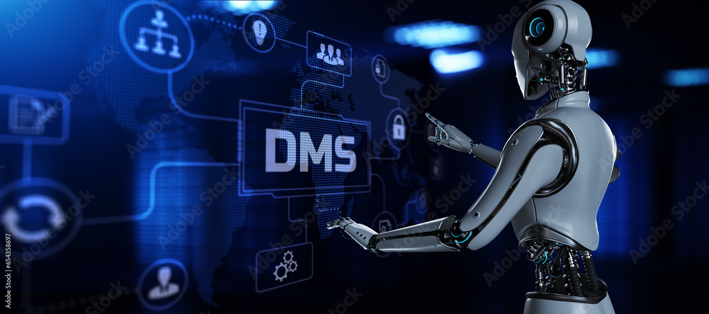 Poster dms document management system business process automation rpa concept. robot pressing button on scr