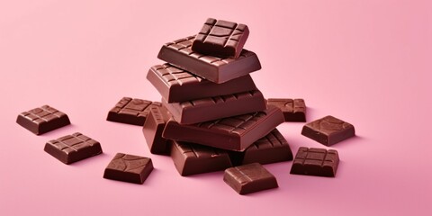Pieces of Chocolate Isolated on Pink Background. Delicious Chocolate Bar