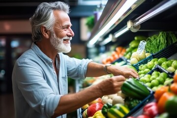 Mature Caucasian man shopping in grocery store. Side view choosing fresh fruits and vegetables in supermarket. Healthy eating and healthy lifestyle concept. - obrazy, fototapety, plakaty