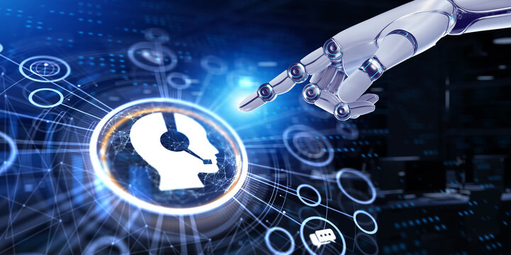 Technical Support Customer service business and technology concept. 3d render robot pressing button.