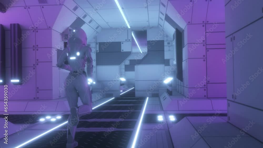 Wall mural astronaut runs through a spaceship tunnel. spaceship and technology concept
