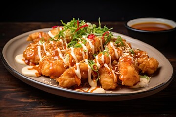 Fototapeta premium 2022 s popular Japanese appetizer dynamite shrimp coated in mayo and spicy sauce