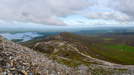 Breathtaking amazing Panoramic, scenic sea and mountain landscape with islands. Warm saturated colors. View from Croagh Patrick -  important site of pilgrimage in County Mayo, Ireland.
